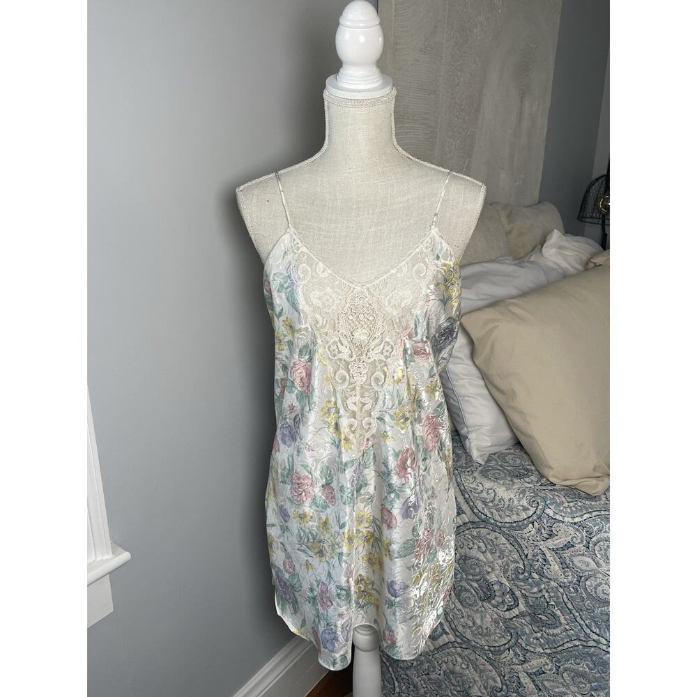 Adonna Vintage Floral Lace Slip Dress Medium Pastel Satin Sleepwear Cottagecore